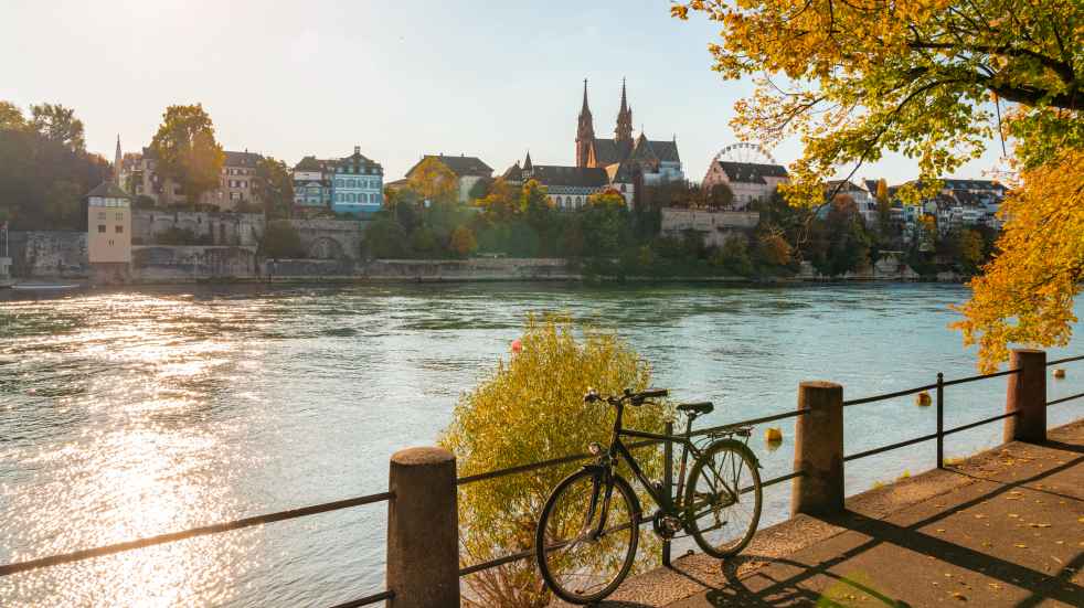 Bicyle next to the river in Basel Switzerland